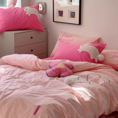 Girly Heart Cute Rich Rabbit Washed Four-Piece Pure Cotton Bed Set - Harmony Gallery