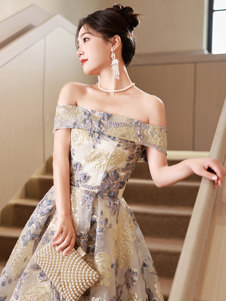Elegant Off-Shoulder Gold and Blue Floral Embroidered Ball Gown Dress