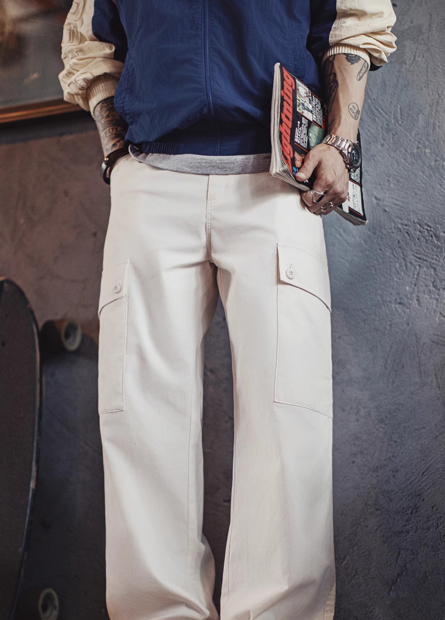 American Large Pocket Casual White Straight Elastic Waist Thin Men's Trousers - Harmony Gallery