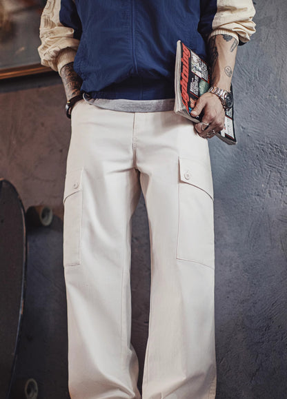 American Large Pocket Casual White Straight Elastic Waist Thin Men's Trousers - Harmony Gallery