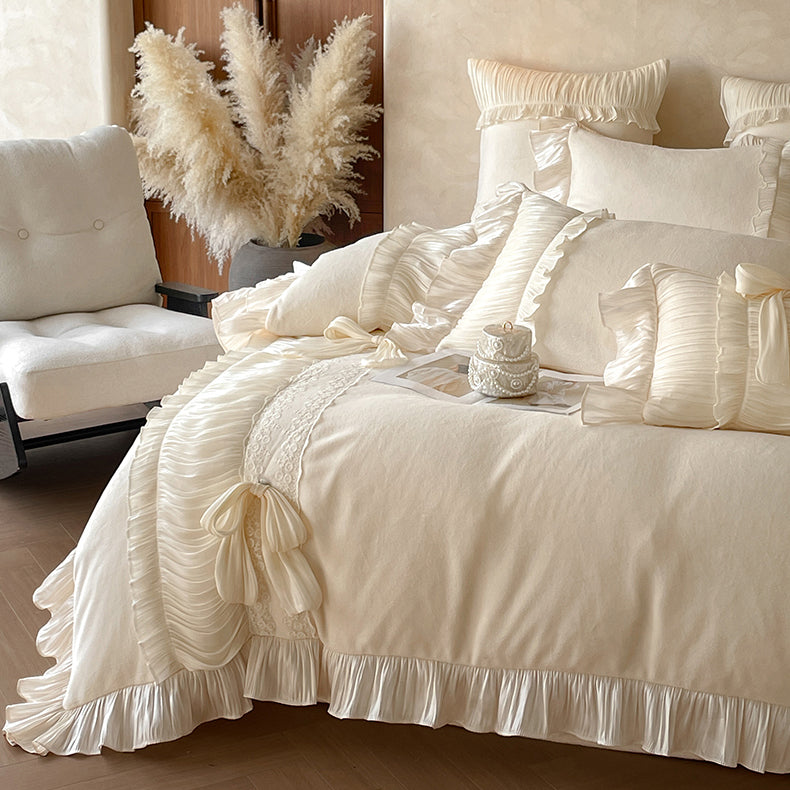 French Bow Knot Thickened And Warm Double-Sided Plush Four-Piece Bed Set