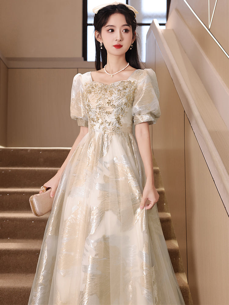 Vintage Gold and Cream Puff Sleeve Ball Gown with Floral Embroidery Vintage Gold and Cream Puff Sleeve Ball Gown with Floral Embroidery