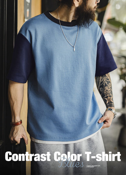 American Retro Threaded Neckline Drop Air Layer Contrast Color Men's T-Shirt - Harmony Gallery
