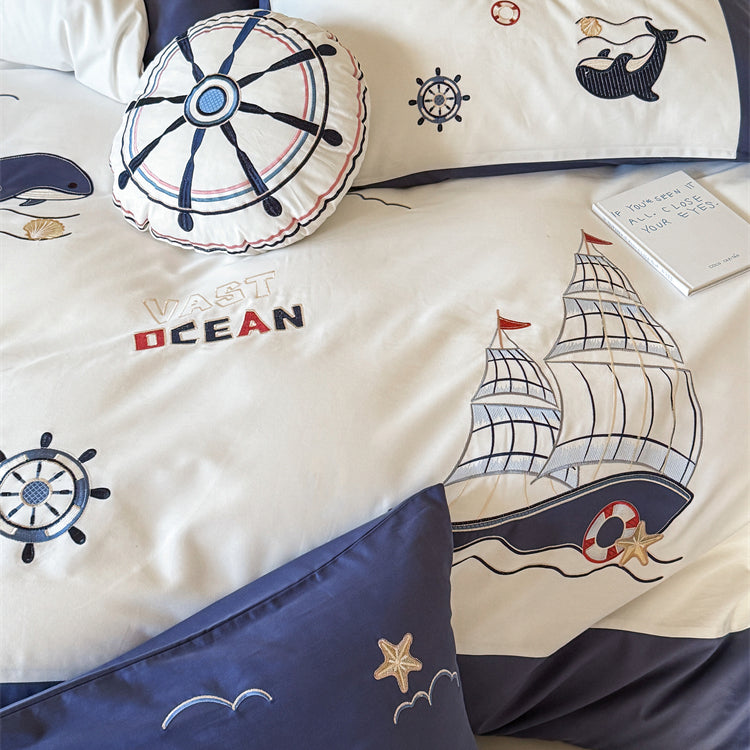 Cute Cartoon Brushed Boy Embroidered Pure Cotton Four-Piece Bed Set