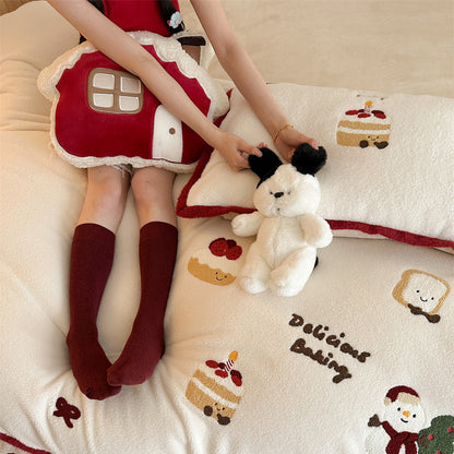 Winter Creamy Cake Snowman Thickened Cashmere Four-Piece Fleece Bed Set