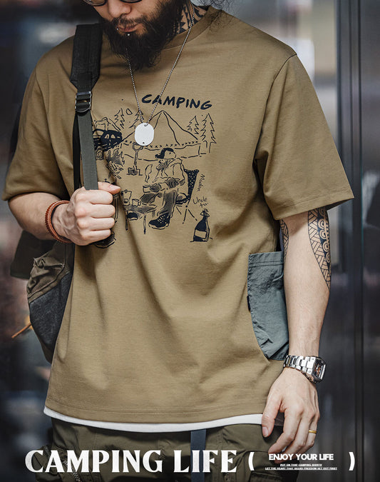 Tooling Mountain Fun Printed Khaki Camping Men's T-Shirt - Harmony Gallery