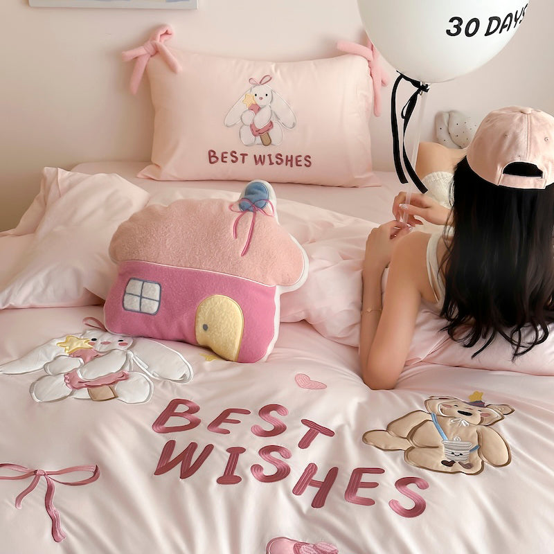 Cartoon Circus Bear Embroidery Pure Cotton Long Staple Four-Piece Bed Set