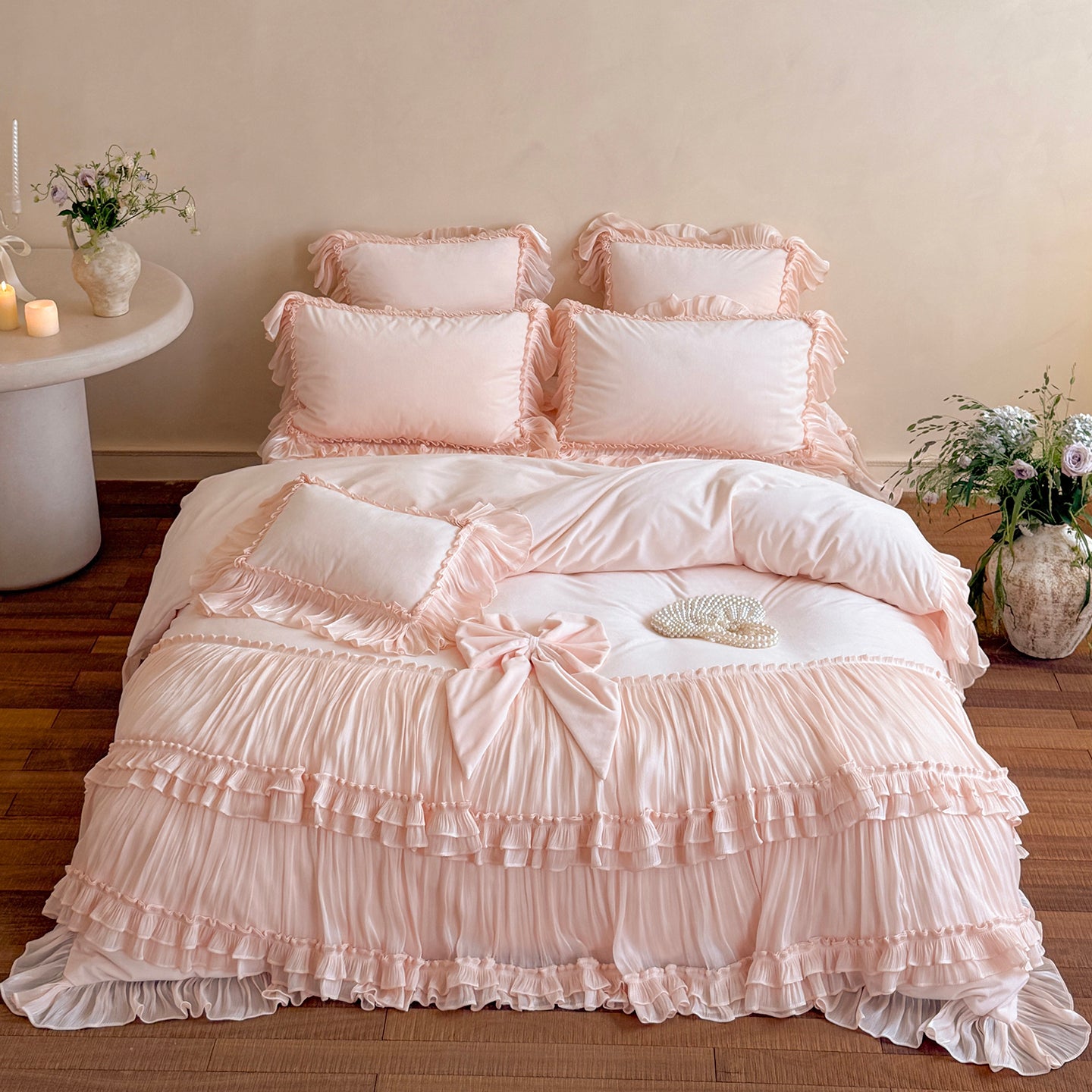 French Princess Thickened Bow Matte Warm Coral Fleece Four-Piece Bed Set