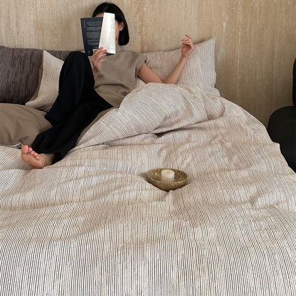 Premium Black and White Striped Textured Bedding Pure Cotton Four-Piece Bed Set