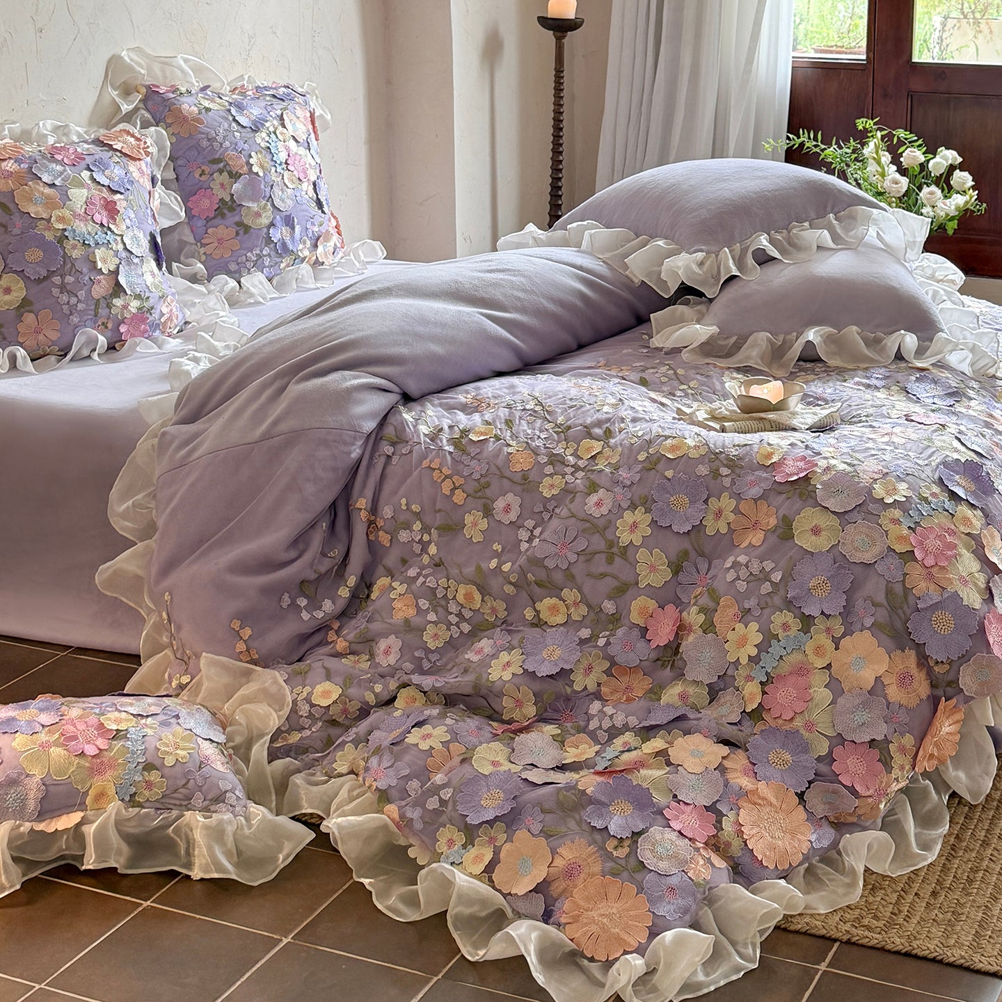 French Ruffled Winter Thickened Coral Fleece Warm Four-Piece  Bed Set