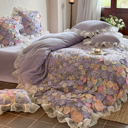 French Ruffled Winter Thickened Coral Fleece Warm Four-Piece  Bed Set