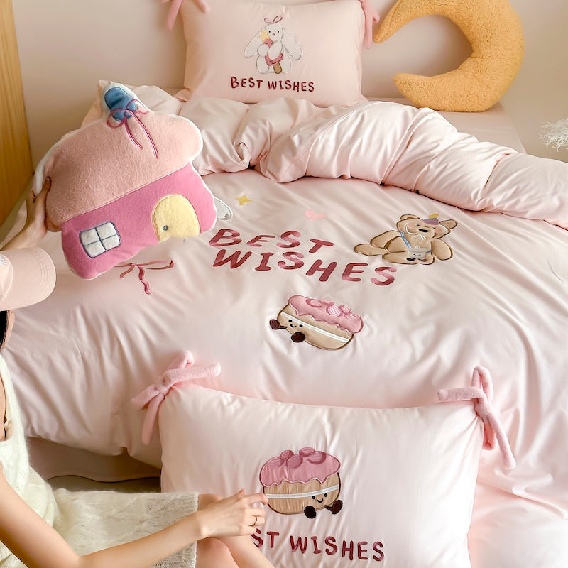 Cartoon Circus Bear Embroidery Pure Cotton Long Staple Four-Piece Bed Set