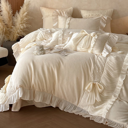 French Bow Knot Thickened And Warm Double-Sided Plush Four-Piece Bed Set