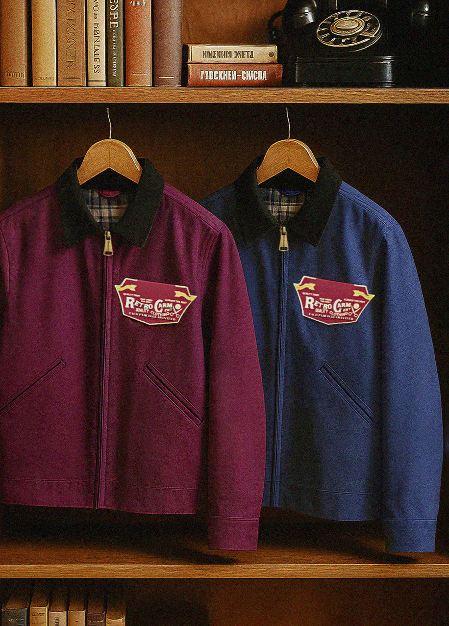 American Retro Detroit Navy Blue Hunting Barn Dragon Fruit Color Men's Jacket - Harmony Gallery