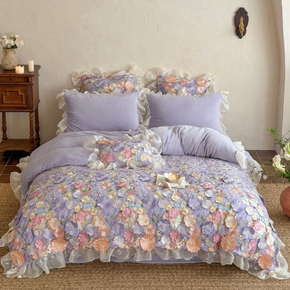 French Ruffled Winter Thickened Coral Fleece Warm Four-Piece  Bed Set