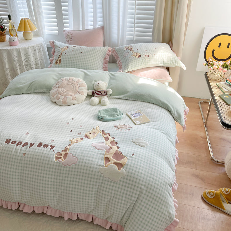 Leuke cartoon vierdelige winter koraal fluwelen winter vierdelige bedset