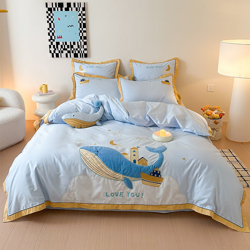 Cute Cartoon Whale For Boy And Girl  Pure Cotton Four-Piece Bed Set