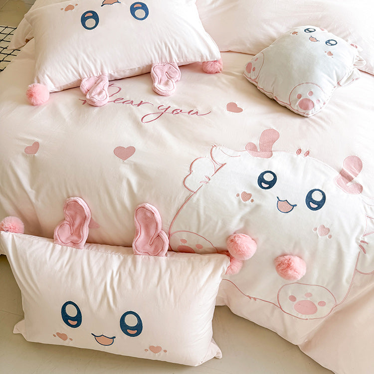 Cartoon Cute Little Fat Dragon Pure Cotton Washed Four-Piece Bed Set