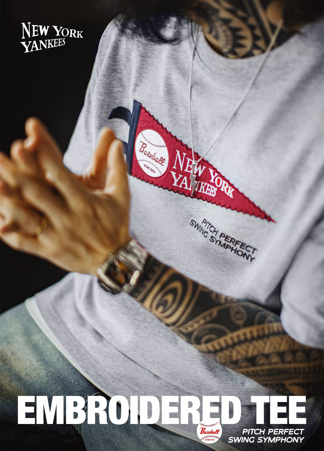 American Retro Patch Flower Gray Yankees Heavy Cotton Baseball Men's T-Shirt - Harmony Gallery