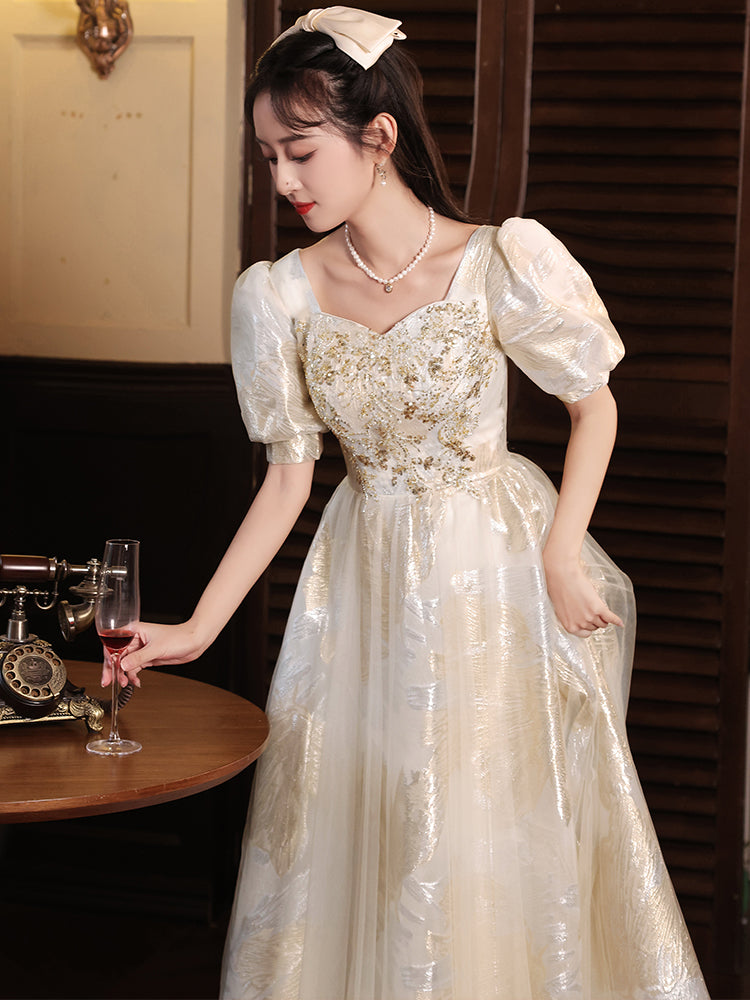 Vintage Gold and Cream Puff Sleeve Ball Gown with Floral Embroidery Vintage Gold and Cream Puff Sleeve Ball Gown with Floral Embroidery