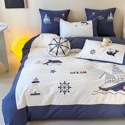 Cute Cartoon Brushed Boy Embroidered Pure Cotton Four-Piece Bed Set