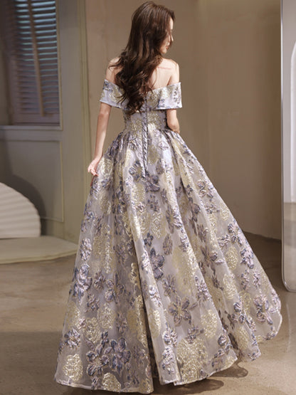 Elegant Lavender and Gold Floral Off-Shoulder Ball Gown - Harmony Gallery