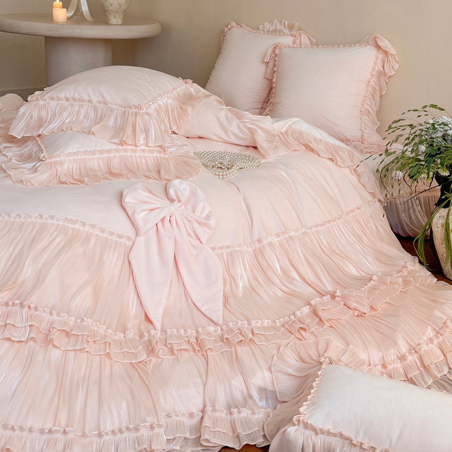 French Princess Thickened Bow Matte Warm Coral Fleece Four-Piece Bed Set