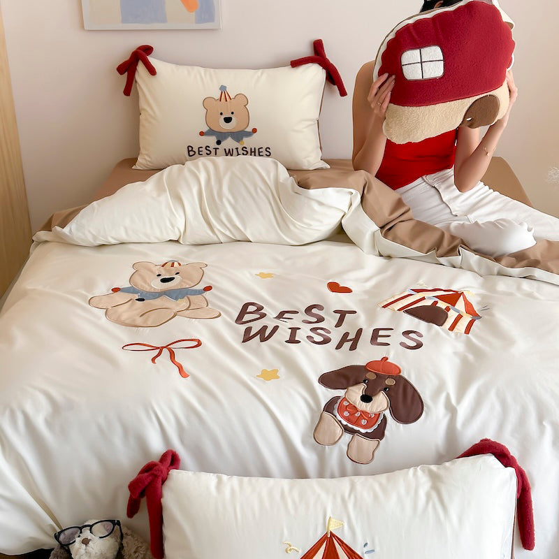 Cartoon Circus Bear Embroidery Pure Cotton Long Staple Four-Piece Bed Set