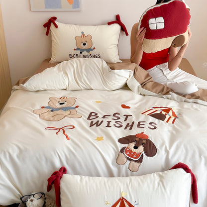 Cartoon Circus Bear Embroidery Pure Cotton Long Staple Four-Piece Bed Set