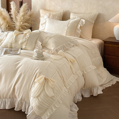 French Bow Knot Thickened And Warm Double-Sided Plush Four-Piece Bed Set