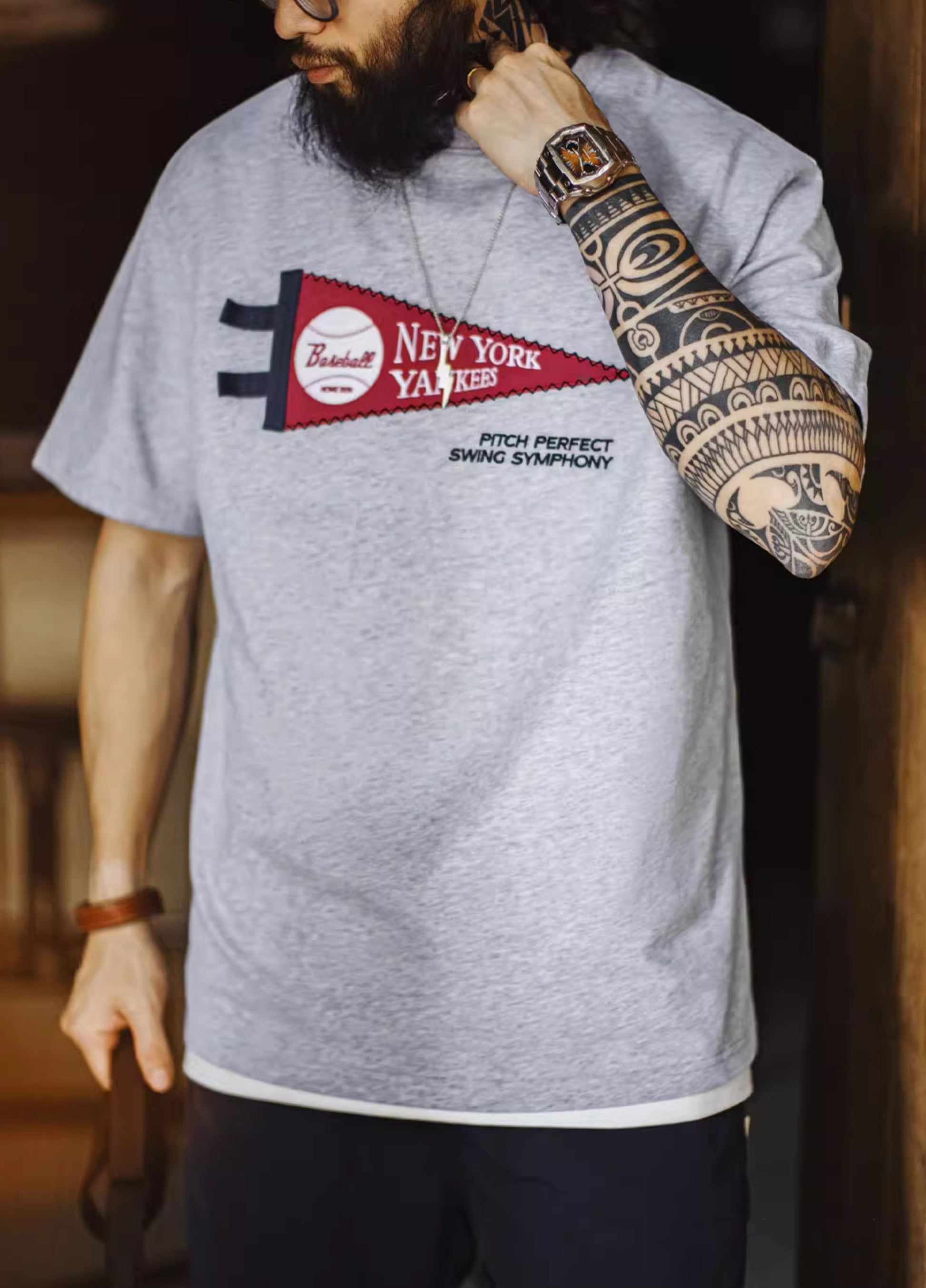 American Retro Patch Flower Gray Yankees Heavy Cotton Baseball Men's T-Shirt - Harmony Gallery