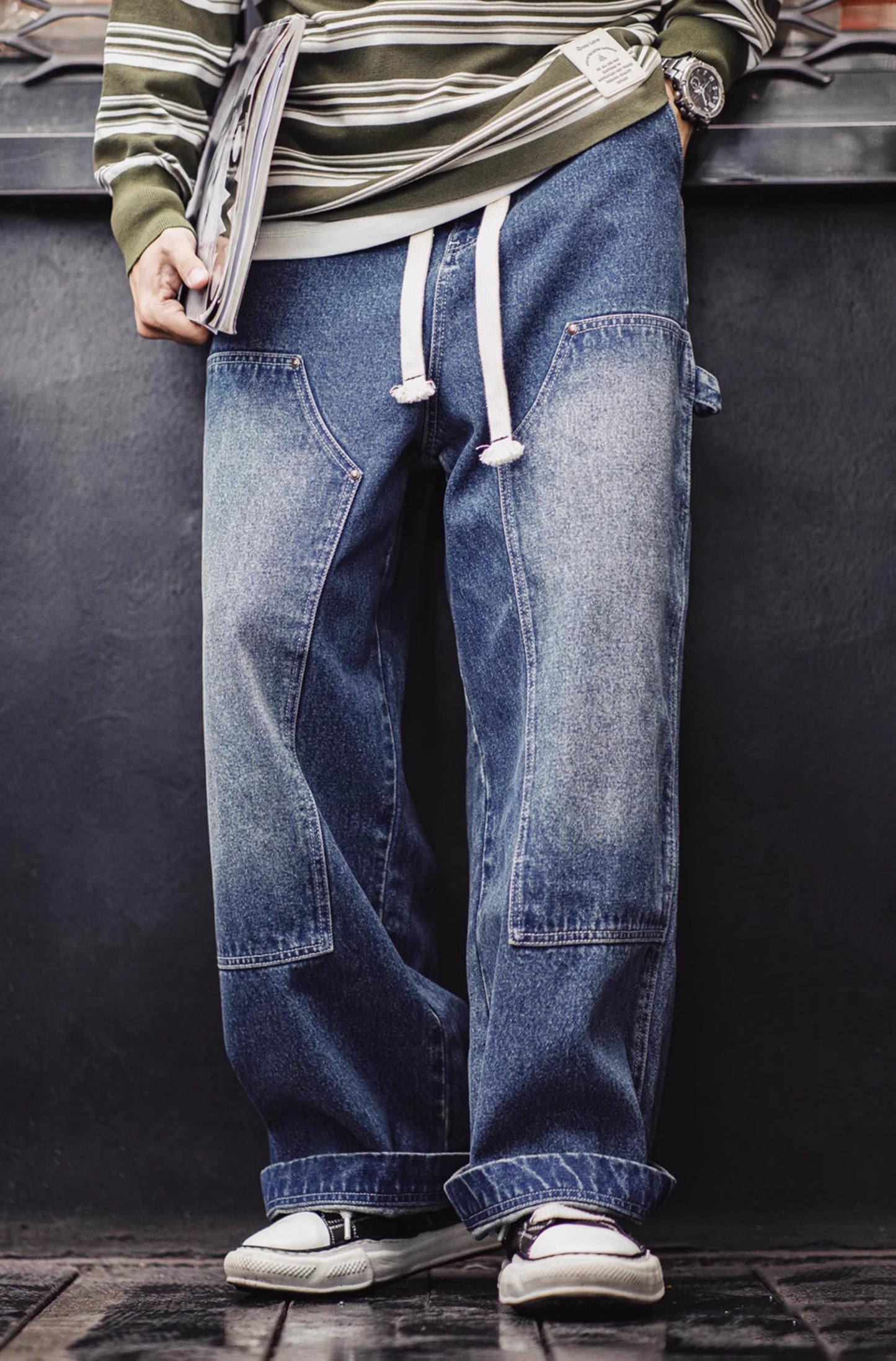 American Retro Double Knee Logging Washed And Distressed Wide-Leg Men's ...