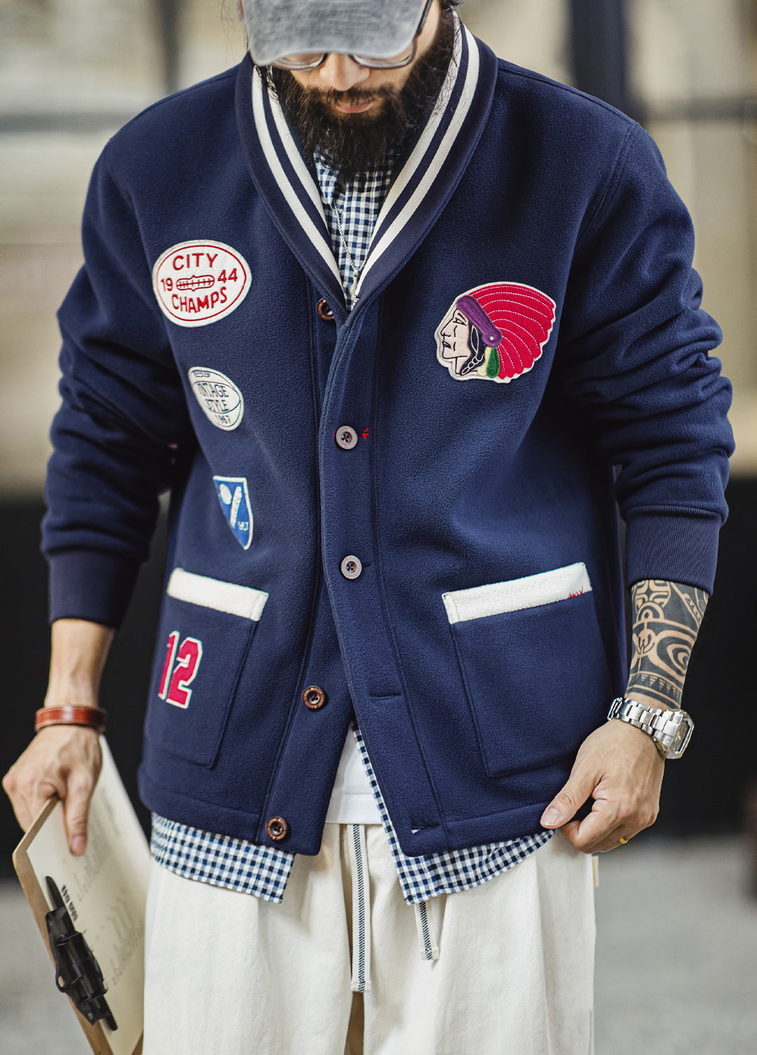 American Retro Shawl Collar Cardigan Fleece Warm Short Baseball Men's Jacket