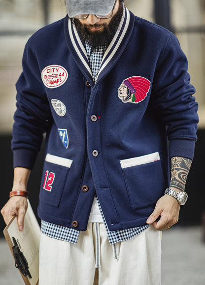 American Retro Shawl Collar Cardigan Fleece Warm Short Baseball Men's Jacket