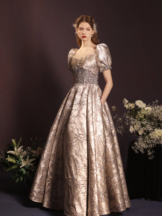Luxurious Gold Jacquard Puff Sleeve Ball Gown with Sequin Bodice - Harmony Gallery