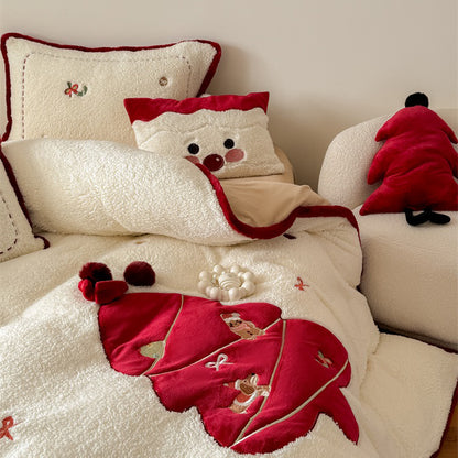 Christmas Cartoon Red Tree Thickened Lambskin Four-piece Warm Winter Bed Set - Harmony Gallery