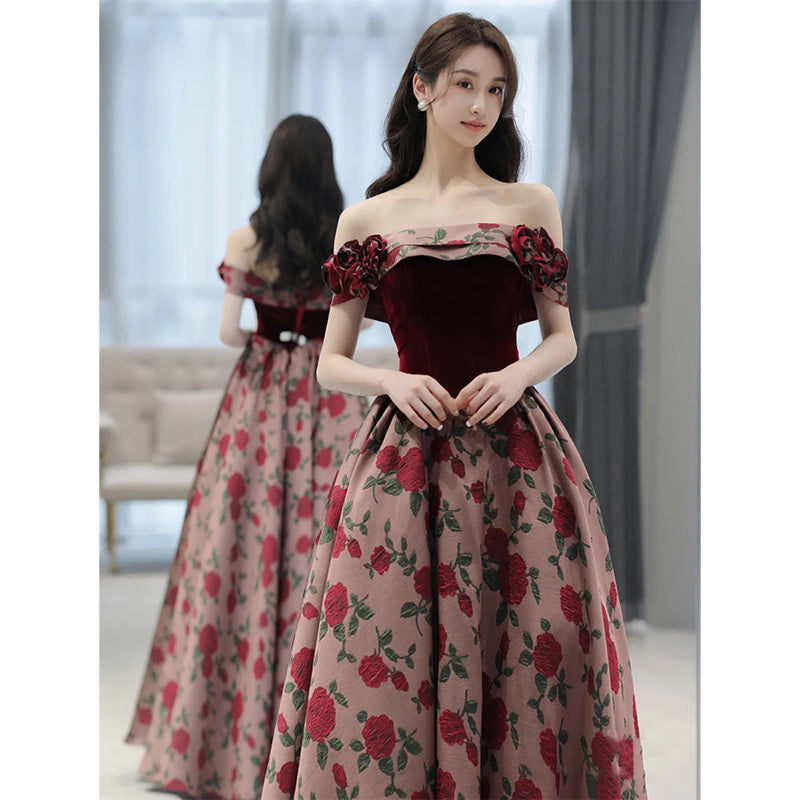 Vintage Rose Pattern Off-Shoulder Velvet Evening Gown - Harmony Gallery