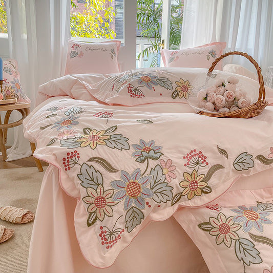 Pure Washed Cotton Floral Embroidery Pastoral Four-Piece Bed Set