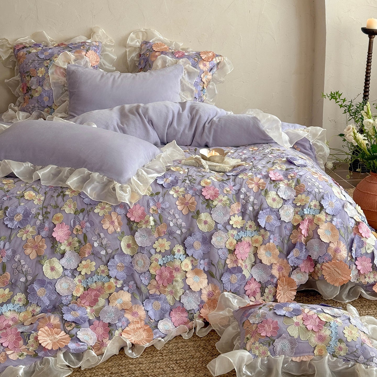 French Ruffled Winter Thickened Coral Fleece Warm Four-Piece  Bed Set