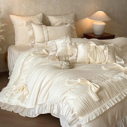 French Bow Knot Thickened And Warm Double-Sided Plush Four-Piece Bed Set