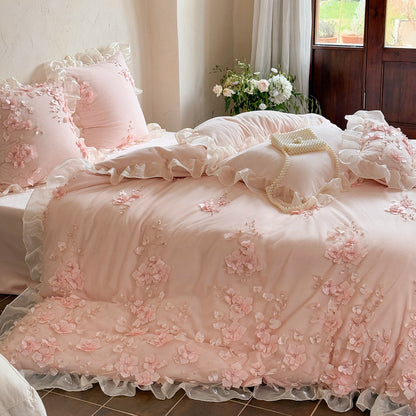 French Romantic Girly Four-Piece Thickened Coral Fleece Warm Bed Set