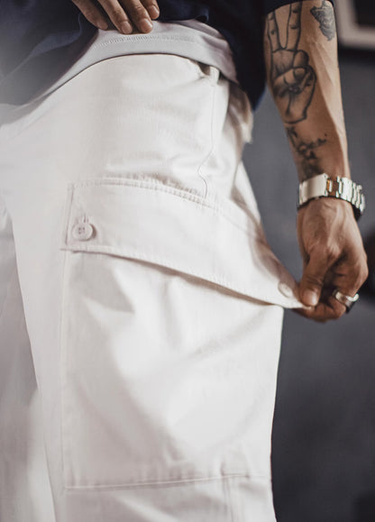 American Large Pocket Casual White Straight Elastic Waist Thin Men's Trousers - Harmony Gallery