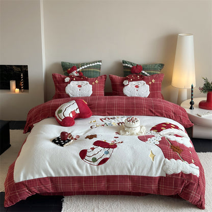 Christmas Wool Milk Velvet Four-Piece Winter Thick Warm Bed Set