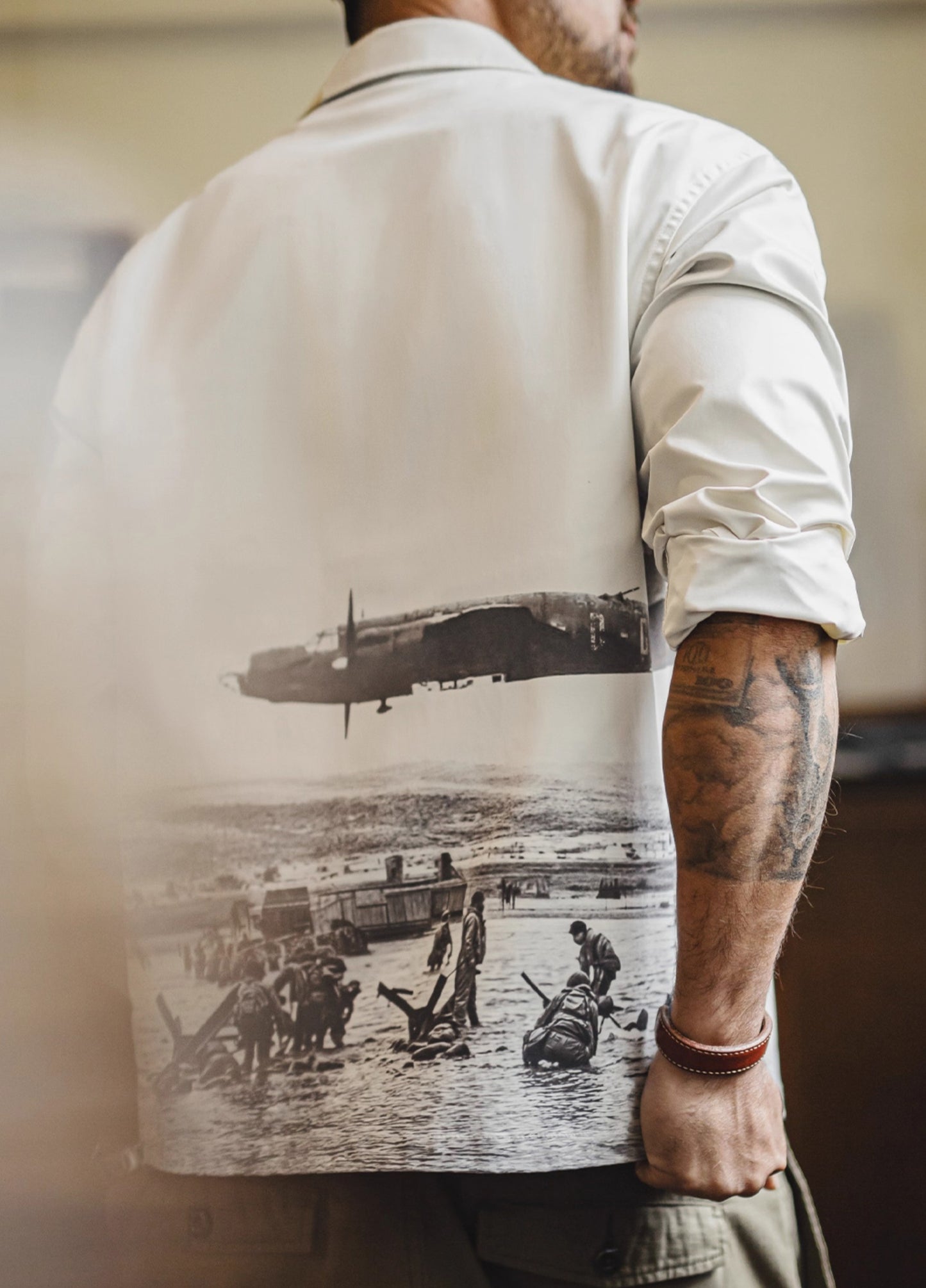 American Retro Print Cuban Collar Long Sleeve Oversized Silhouette Men's Shirt - Harmony Gallery