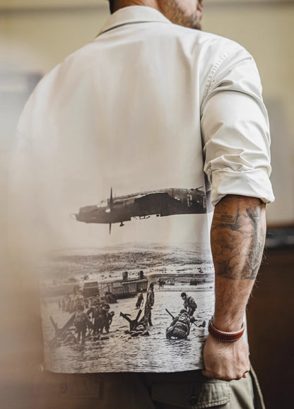 American Retro Print Cuban Collar Long Sleeve Oversized Silhouette Men's Shirt - Harmony Gallery