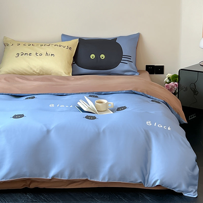 Cartoon Black Cat Pure Cotton Skin-Friendly Four-Piece Bed Set