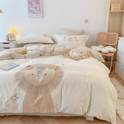 Parure de lit quatre pièces en pur coton délavé mignon petit lion