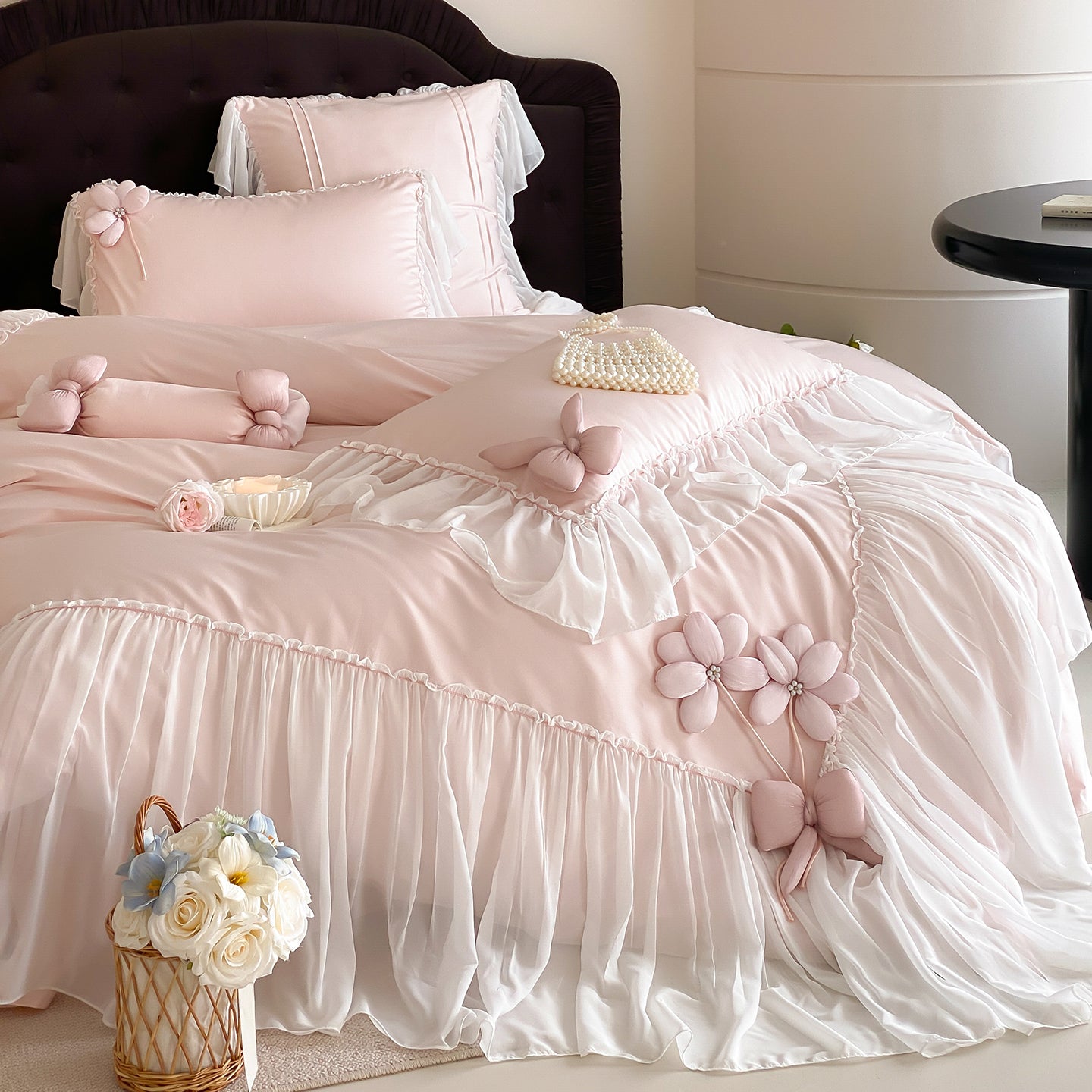 French Girly Lace-Trimmed Bow Princess Four-Piece Cotton Long-Staple Bed Set