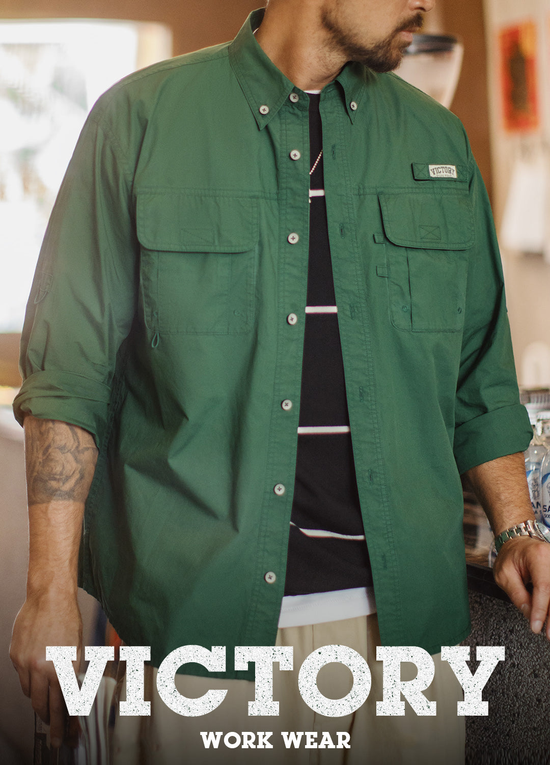 American Retro Multi-Pocket Green No Bullet  Layered Thin Men's Shirt - Harmony Gallery