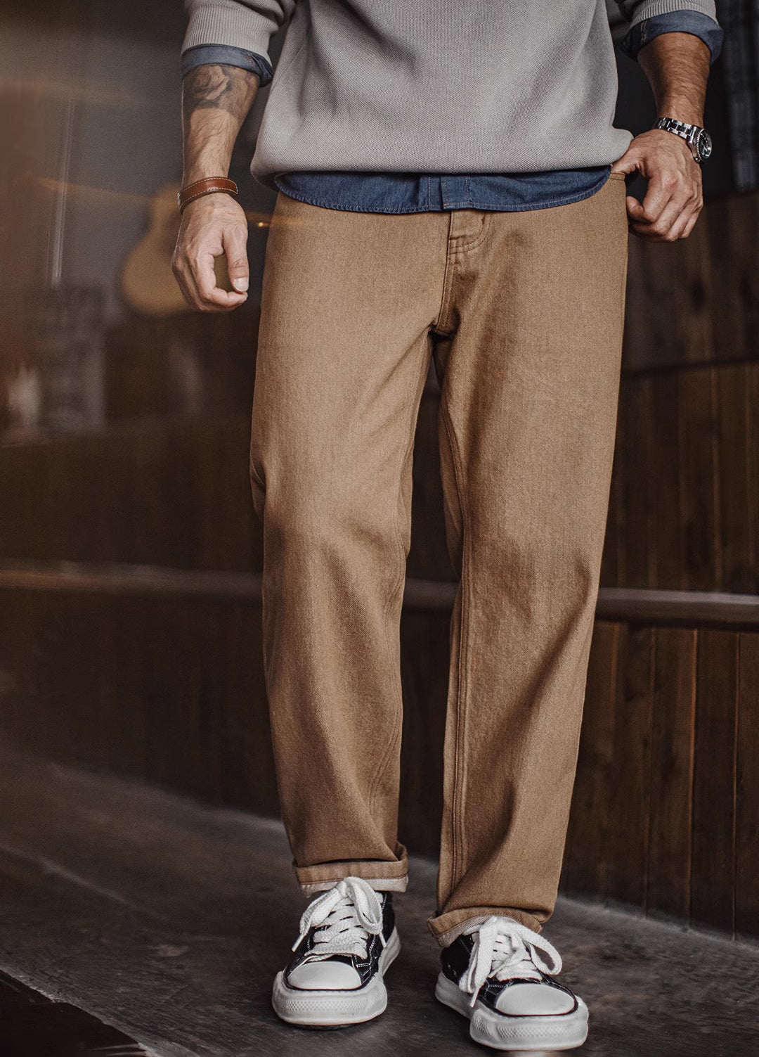 American Retro Maillard Fitted Straight Tube Tencel Lyocell Pants Men's Jeans - Harmony Gallery